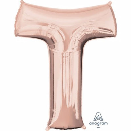 Letter T balloon in rose gold, 81cm, self-sealing, perfect for elegant celebrations and long-lasting helium display.