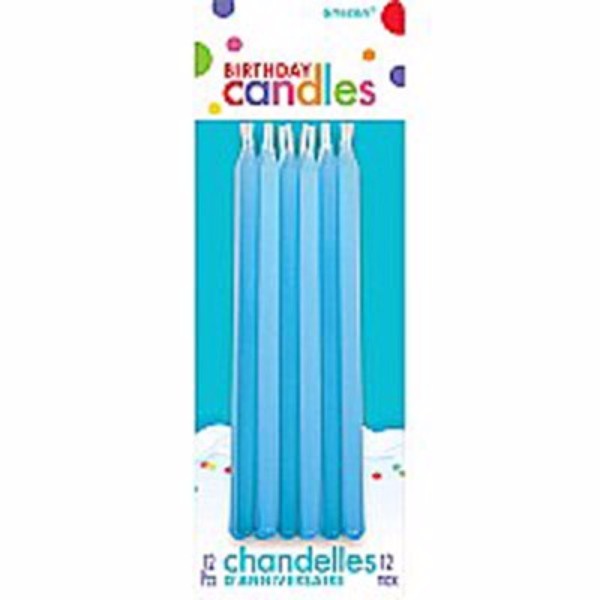 Set of 12 blue slimline tapered candles, 13cm long, ideal for creating a warm, elegant atmosphere for any occasion.