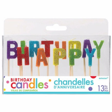 Bright and glittery birthday candles in primary colours, perfect for cake decoration and festive celebrations. Pack of 13.