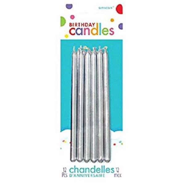 Pack of 12 metallic silver slimline tapered candles, 12 cm high, perfect for elegant dining and special occasions.