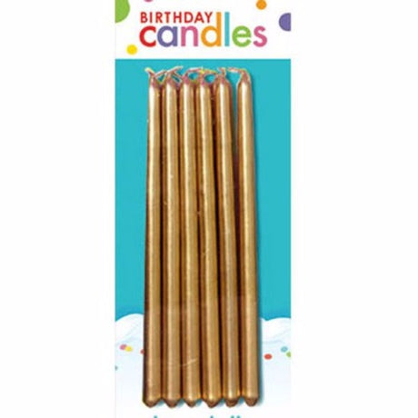 Pack of 12 metallic gold tapered candles, 12 cm long, perfect for elegant home decor and special celebrations.