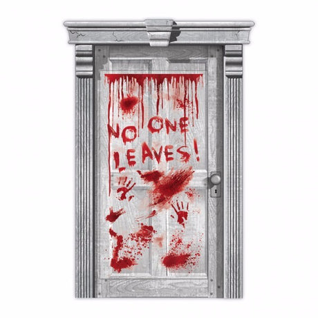 Halloween door cover featuring dripping blood and hands, perfect for creating a spooky atmosphere at parties and haunted houses.