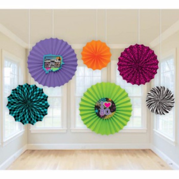 Vibrant set of 6 Totally 80’s printed paper fans in various sizes, perfect for nostalgic parties and retro decor.