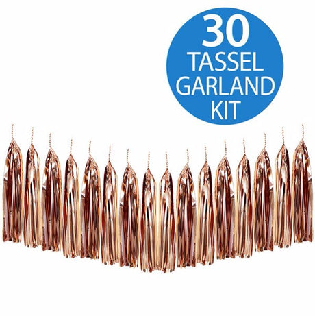 Rose gold metallic foil tassel garland, 2m long with 30 elegant tassels, perfect for weddings and festive celebrations.