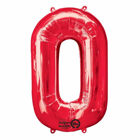Vibrant red Shape Number Zero balloon, 86cm high, perfect for celebrations, versatile for air or helium filling.