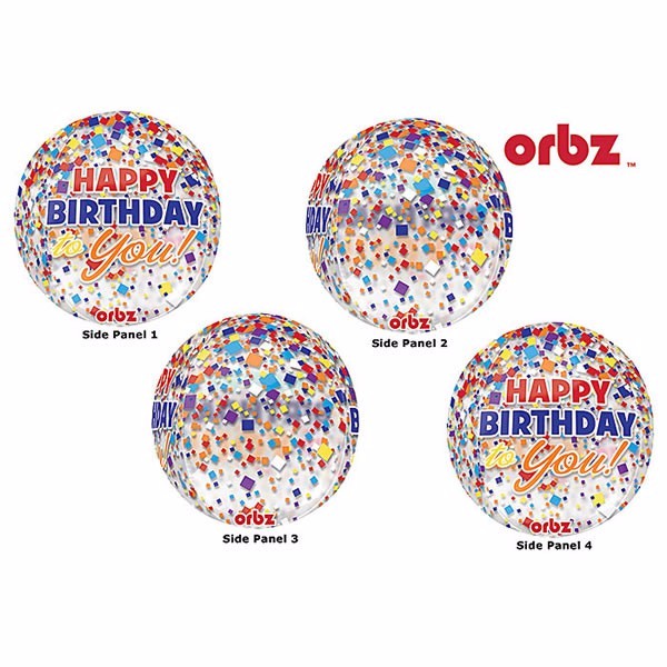 Colorful Shape Orbz balloon with clear confetti design, perfect for birthday celebrations, measuring 38cm x 40cm.