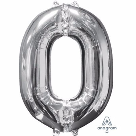 Shape Number Zero Silver 66cm foil balloon, self-sealing, versatile for air or helium, perfect for festive celebrations.