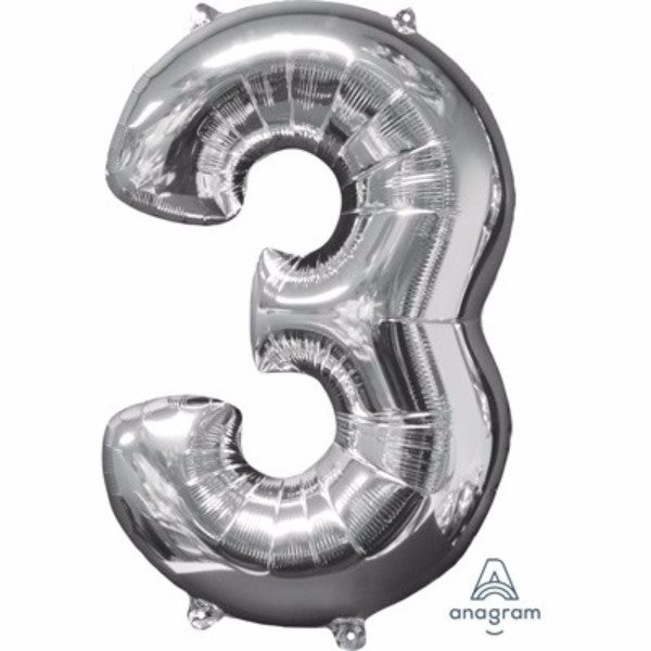 Shiny silver foil balloon shaped like the number three, 66cm, perfect for parties and festive celebrations.