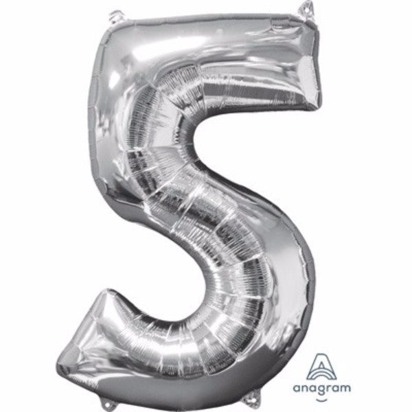 Silver 66cm mid-sized foil balloon shaped as the number five, perfect for elegant party decor and celebrations.