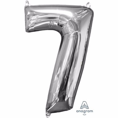 Silver mid-sized number seven foil balloon, 66cm, perfect for celebrations, self-sealing, suitable for air or helium filling.