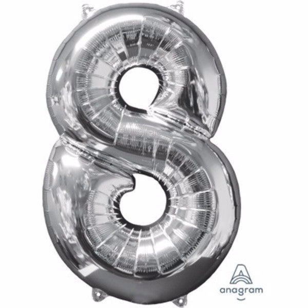 Silver 66cm number eight foil balloon, self-sealing, perfect for birthdays and celebrations, air or helium filled.