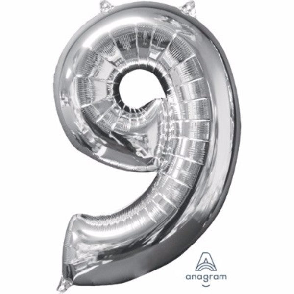 Silver Shape Number Nine foil balloon, 66cm, perfect for celebrations, self-sealing, air or helium fill, elegant design.