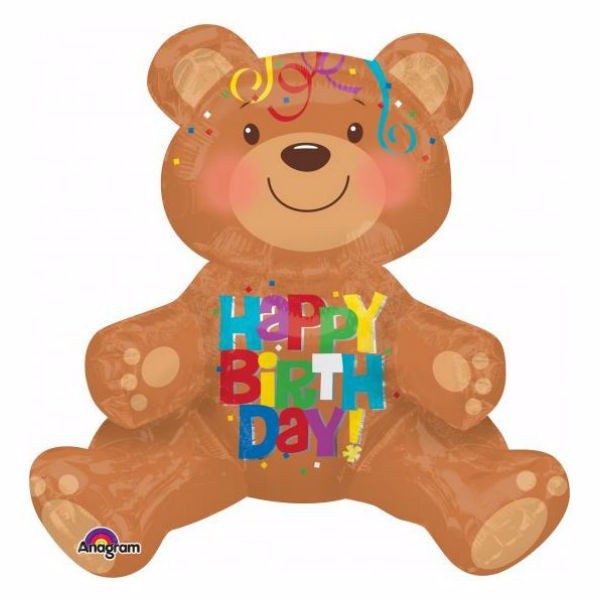 Colorful foil balloon featuring a charming sitting bear and festive streamers, perfect for birthday party decorations.