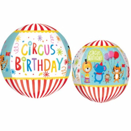 Vibrant 2-sided foil balloon featuring a circus design, perfect for birthday parties, measuring 38cm x 40cm.