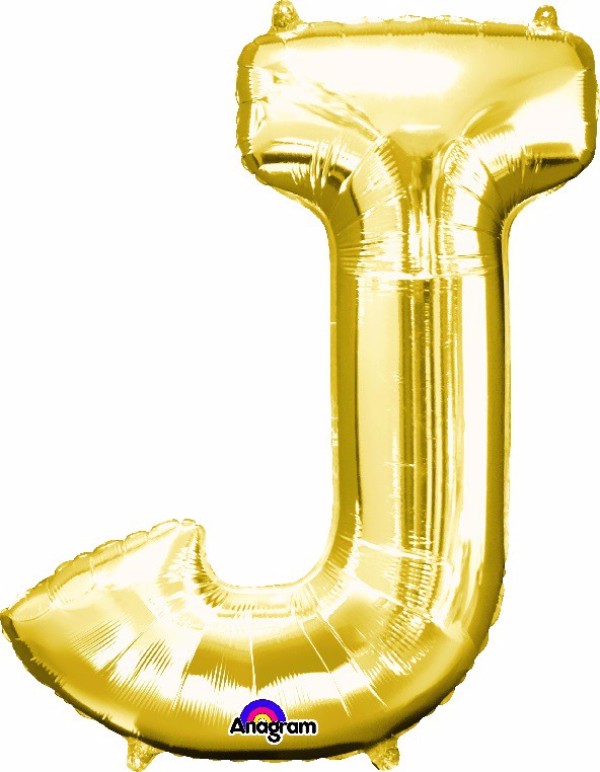 Gold Letter J Helium Saver balloon, 83cm, perfect for parties and events; self-sealing, durable, and elegant.