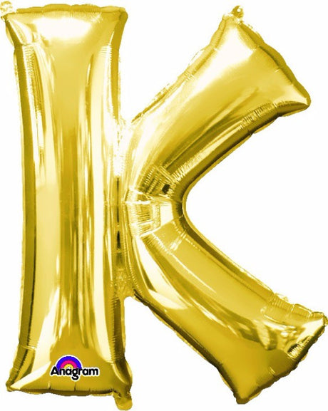 Gold Letter K balloon, 83cm, self-sealing, durable, perfect for celebrations, versatile for air or helium filling.