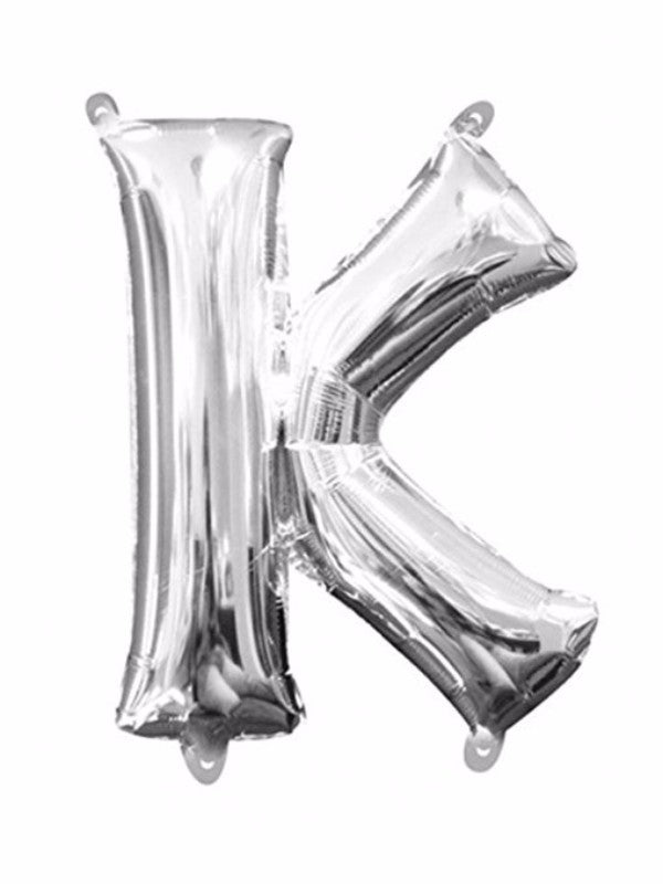 Silver Letter K Megaloon balloon, 40cm, self-sealing, air-filled, perfect for festive decorations and memorable celebrations.