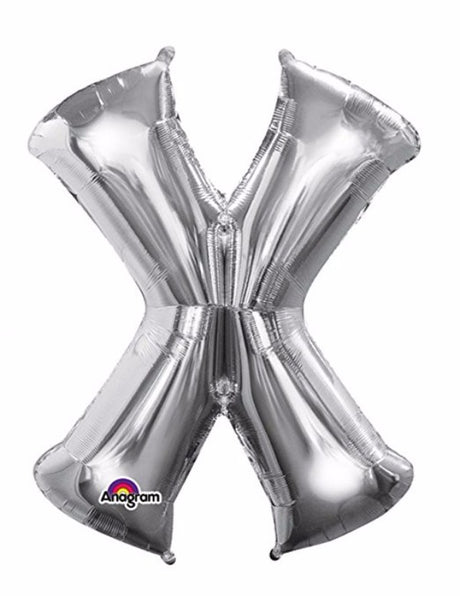 Silver Letter X 40cm Foil Balloon, perfect for celebrations, self-sealing, air-inflatable, with straw for easy setup.