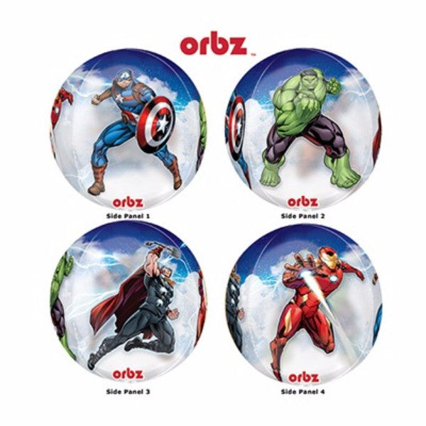 Clear Shape Orbz Balloon featuring Avengers design, 38cm x 40cm, perfect for superhero-themed celebrations.