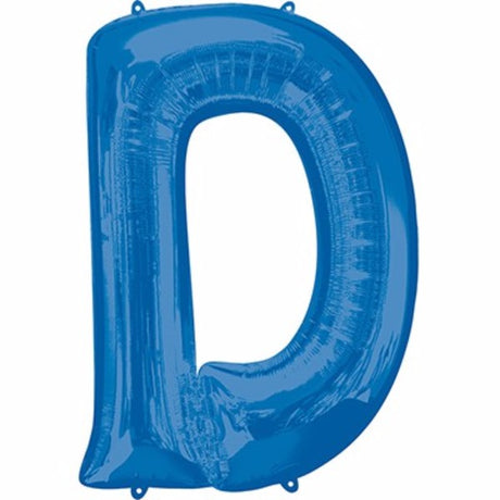 Bright blue 86cm letter D helium saver balloon, perfect for celebrations with self-sealing feature and maximum float time.