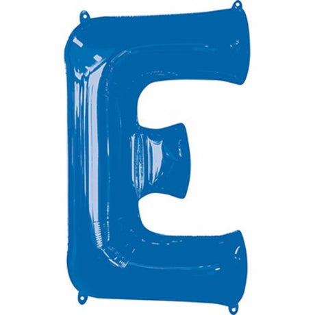 Bright blue Letter E balloon, 86cm, self-sealing, suitable for helium or air, perfect for celebrations and décor.
