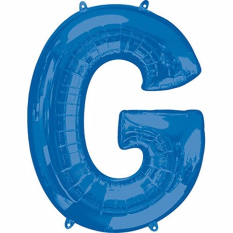 Letter G Blue 86cm helium balloon, self-sealing, ideal for parties, versatile for air or helium fill, durable and striking.