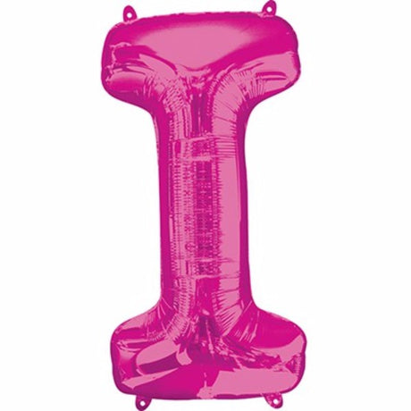 Pink 86cm Letter I helium balloon, self-sealing, perfect for parties, birthdays, and celebrations. Vibrant and durable.