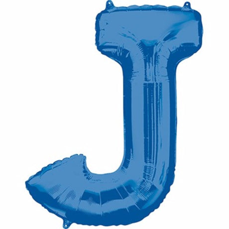 Vibrant blue 86cm letter J balloon, perfect for parties; can be filled with helium or air for versatile decoration.