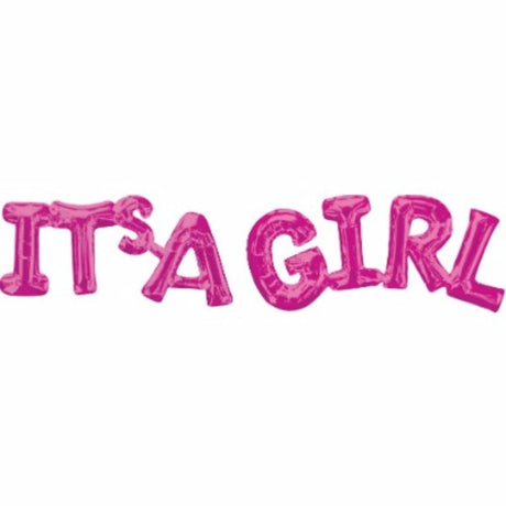 Pink foil balloon with "ITS A GIRL" script, self-sealing and easy to inflate, perfect for baby showers and celebrations.