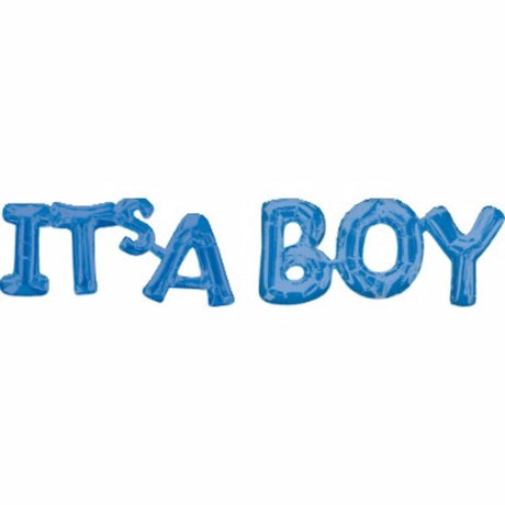 Blue foil balloon reading "ITS A BOY," measuring 50cm x 22cm, perfect for baby showers and gender reveals.