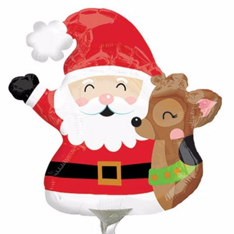 Cute flat foil balloons featuring Santa Claus and a reindeer, perfect for Christmas decorations and festive gatherings.