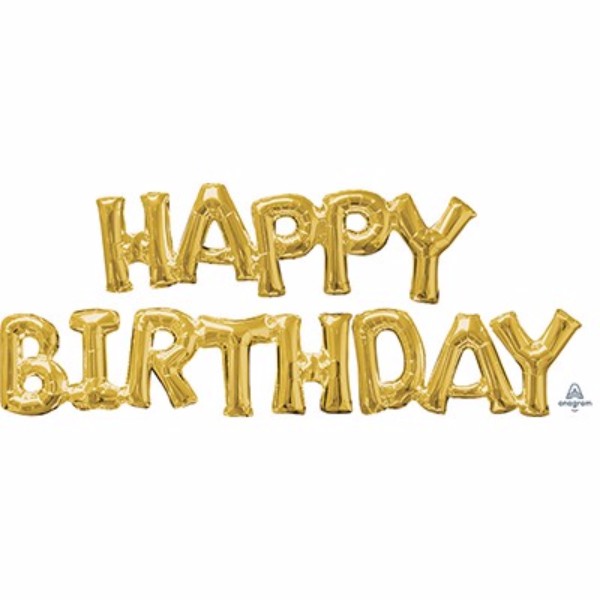 Gold foil balloons spelling "HAPPY BIRTHDAY", perfect for adding elegance to birthday celebrations, includes self-sealing and straw.