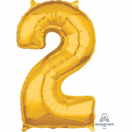 Gold Shape Number Two foil balloon, 66cm, mid-sized, perfect for parties and celebrations, air or helium filled.