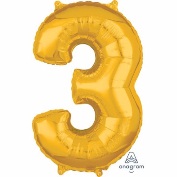 Gold foil balloon shaped as number three, 66cm, perfect for birthdays and celebrations, self-sealing and versatile.