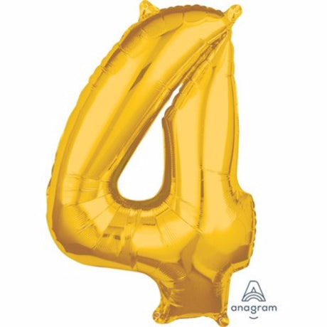 Gold foil Shape Number Four balloon, 66cm, self-sealing, air or helium fill, perfect for celebrations and photo shoots.