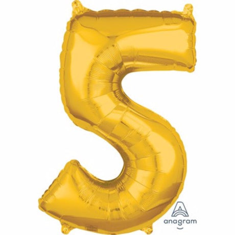 Gold foil number five balloon, 66cm, perfect for celebrations, self-sealing, air or helium fill options.