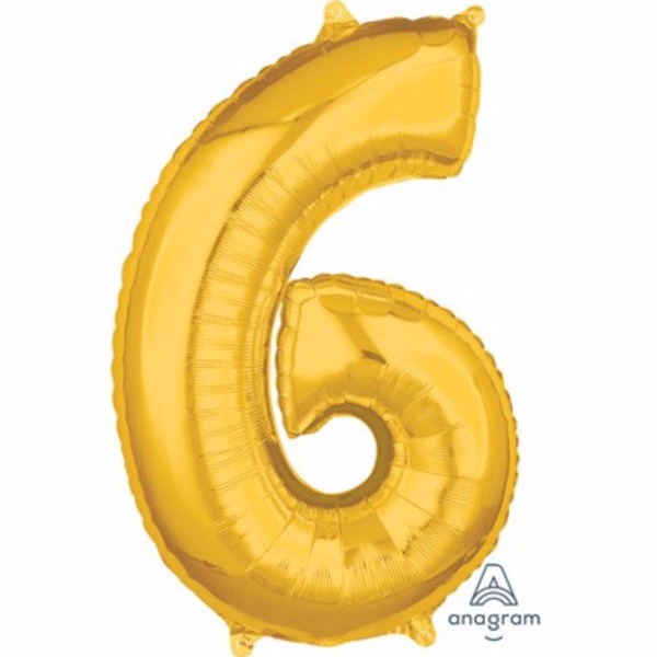 Gold foil balloon shaped like the number six, 66cm, perfect for birthdays and celebrations, self-sealing for air or helium.