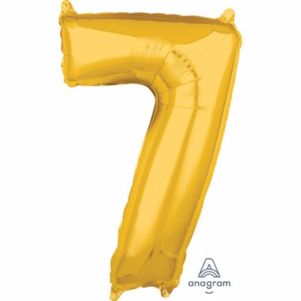 Gold foil number seven balloon, 66cm, self-sealing, perfect for celebrations and stylish decorations.