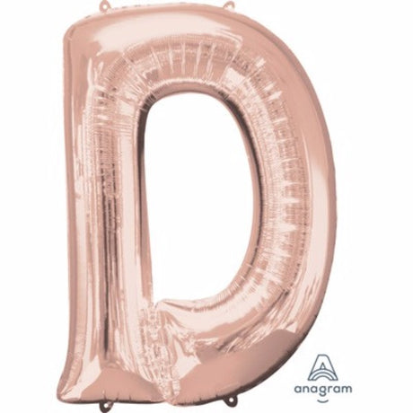 Letter D balloon in rose gold, 83cm, self-sealing, perfect for stylish celebrations and long-lasting decor.