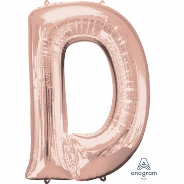 Letter D balloon in rose gold, 83cm, self-sealing, perfect for stylish celebrations and long-lasting decor.