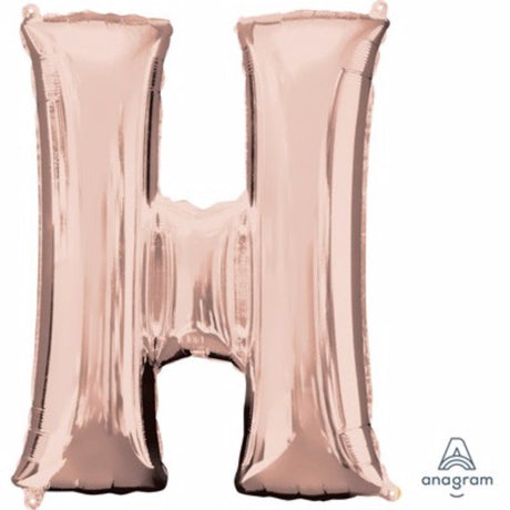 Rose gold Letter H balloon, 81cm, self-sealing, versatile for air or helium, elegant decor for celebrations and events.