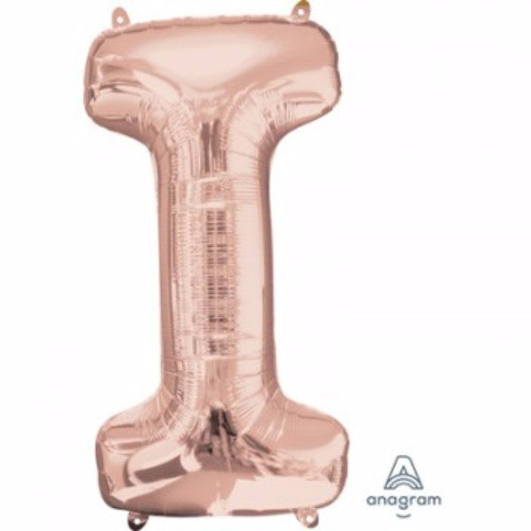 Self-sealing 81cm rose gold letter "I" balloon, perfect for elegant party decor and lasting celebrations.