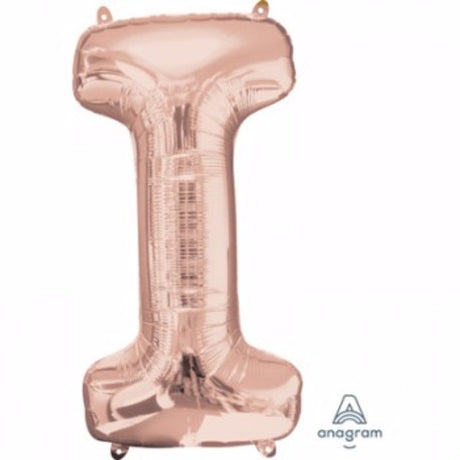 Self-sealing 81cm rose gold letter "I" balloon, perfect for elegant party decor and lasting celebrations.
