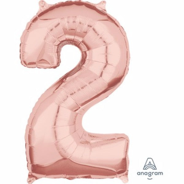 Rose gold number two foil balloon, 66cm, self-sealing, perfect for elegant celebrations and versatile decor.