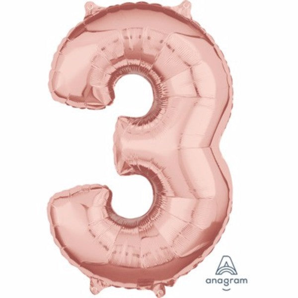 Rose gold foil balloon in the shape of the number three, perfect for celebrations and photo backdrops.