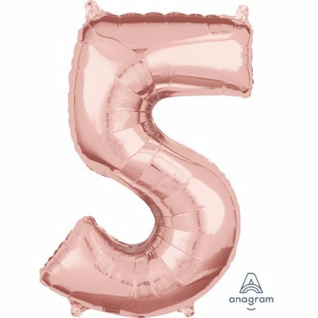 Rose gold number five foil balloon, 66cm, self-sealing, perfect for celebrations and decor.