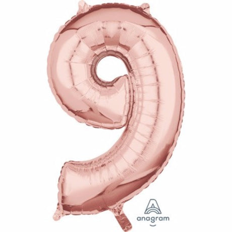 Rose gold number nine balloon, 66cm, perfect for elegant celebrations, easily air or helium filled for versatile decor.