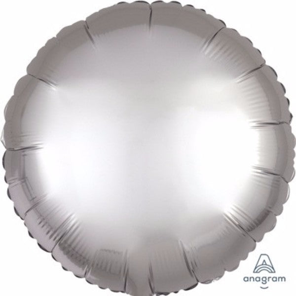 45cm round platinum satin foil balloon, self-sealing and helium-inflatable, perfect for elegant celebrations and events.