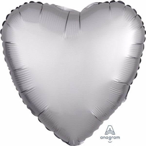 Heart-shaped platinum satin foil balloon, 45cm, self-sealing, ideal for elegant celebrations and romantic occasions.