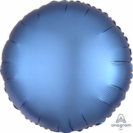 Round azure blue satin luxe foil balloon ideal for elegant celebrations, self-sealing and long-lasting with a beautiful sheen.